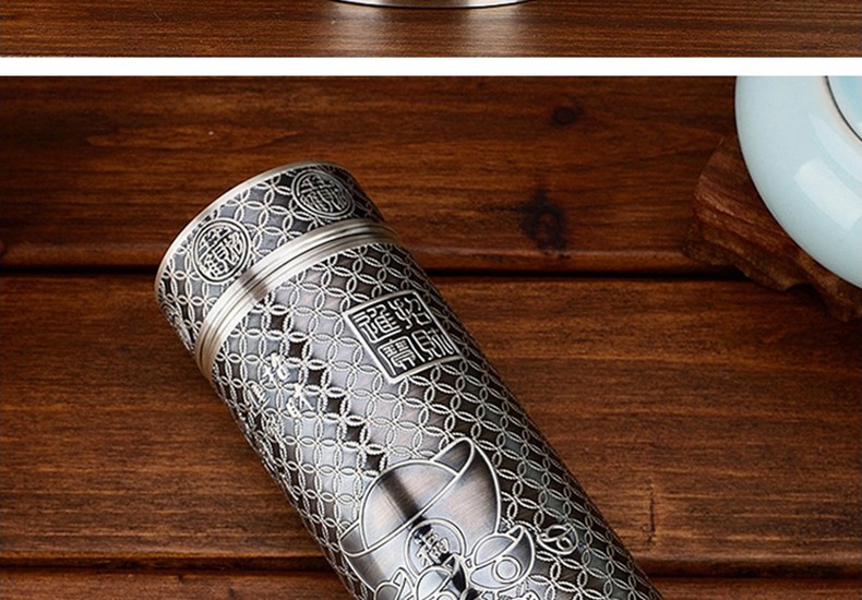 索肯银杯子999纯银内胆水杯纯银保温杯男女士小茶杯定制礼物礼品凤穿