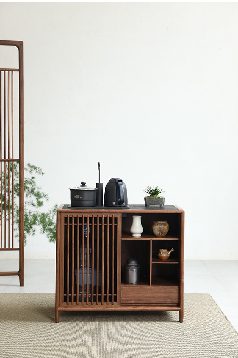 木羲元新中式黑胡桃木茶水柜茶边柜实木烧水柜老榆木简约客厅边几现代