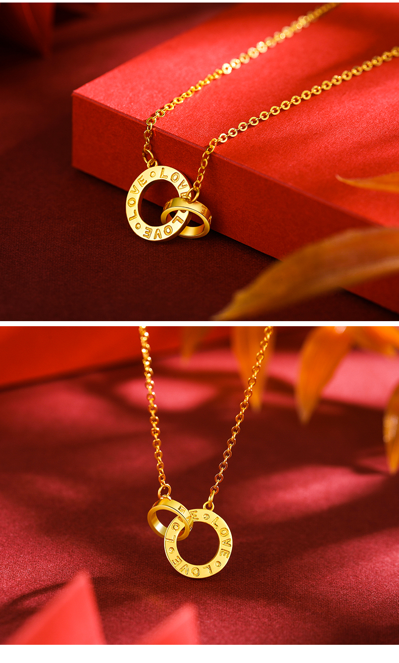 中国黄金 黄金项链love时尚双环吊坠锁骨链足金套链生日礼物送女友 约