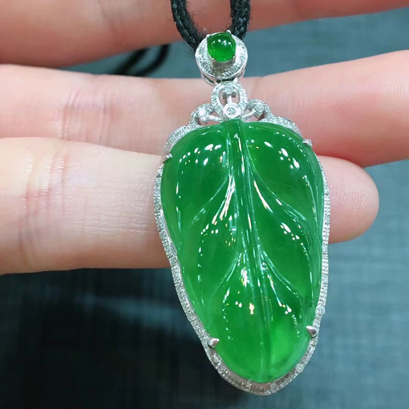 玉佳佳 翡翠叶子吊坠 18k金镶嵌缅甸a货翡翠送礼生日礼物男女款尺寸