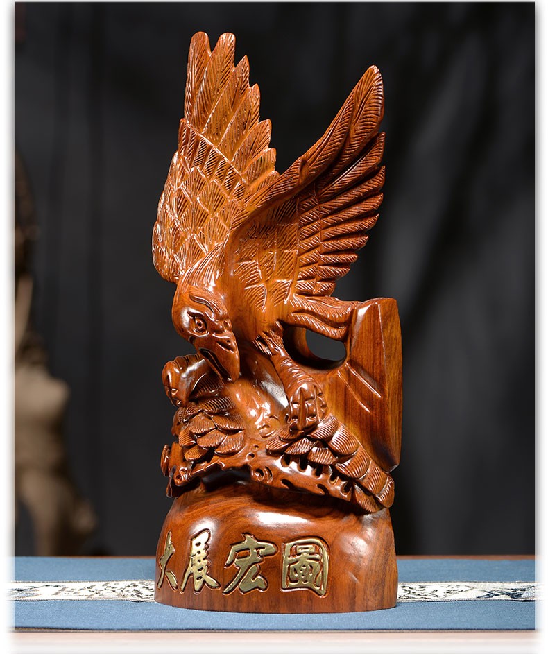 闽木匠 花梨实木雕大展鸿图雄鹰老鹰摆件木质雕刻大展宏图办公室桌面