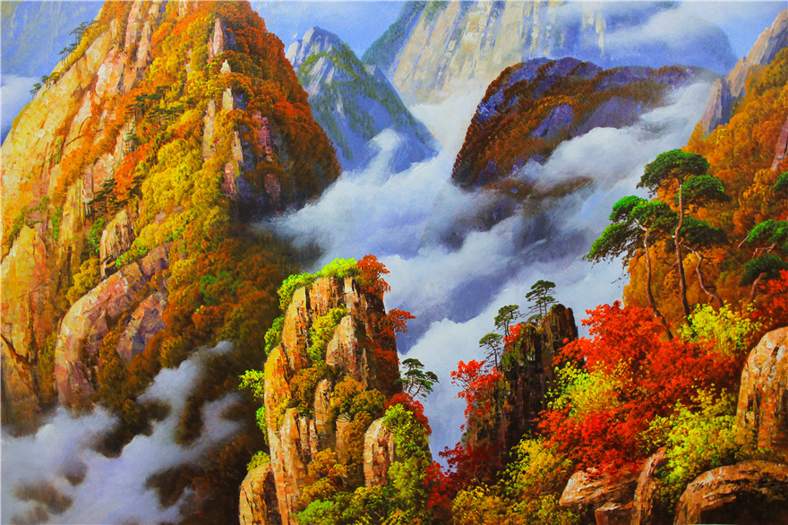 朝鲜一级画家 姜有成《崇山峻岭》风景油画 装饰收藏 7080