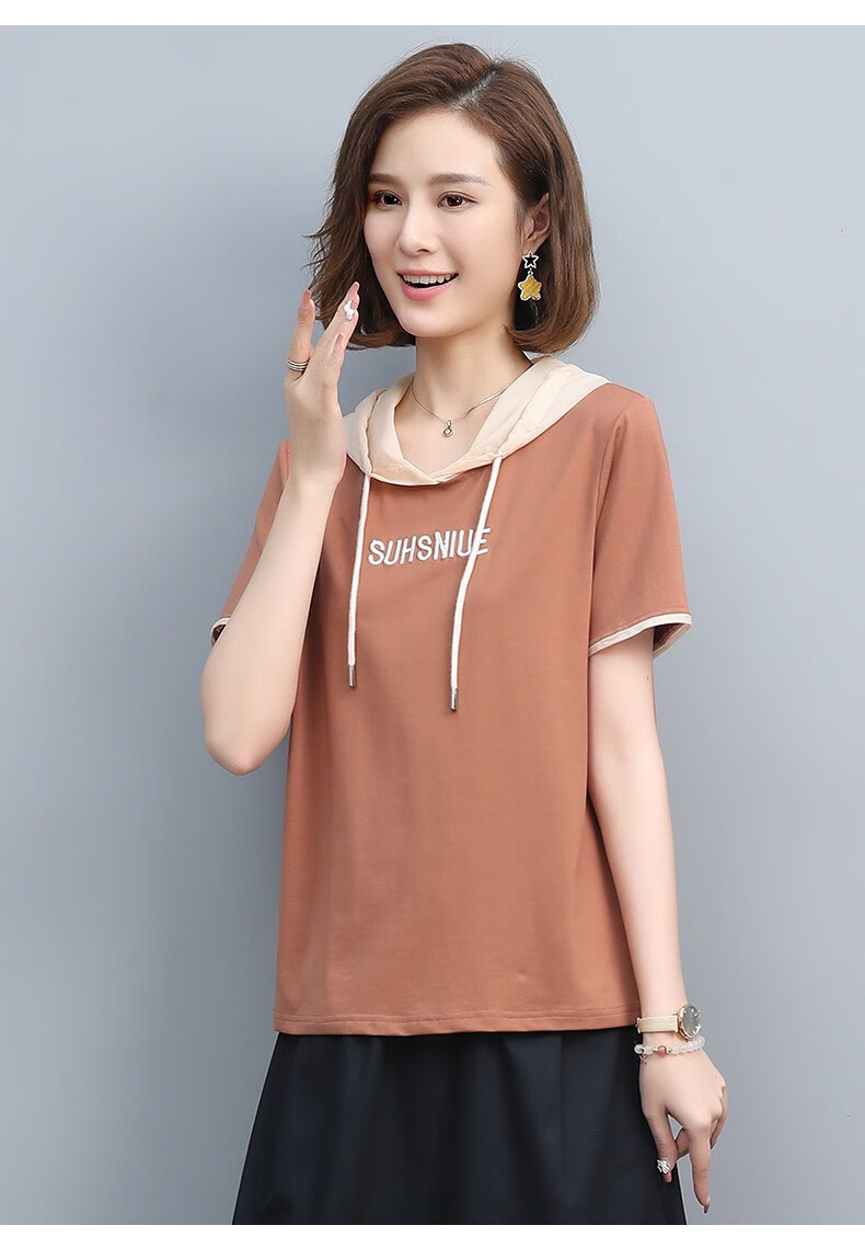 短袖女中年女连帽t恤新款夏装宽松薄款上衣4050岁女士时尚减龄拼接t恤