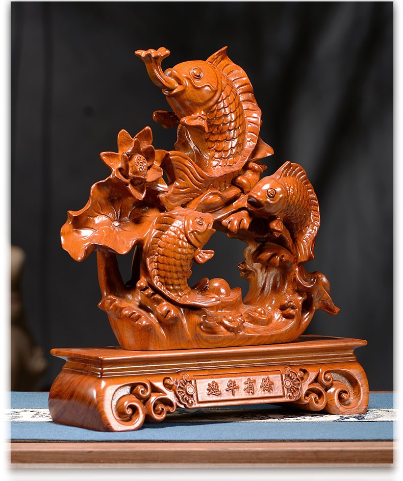 晨熟 花梨木雕年年有鱼摆件鱼实木质雕刻连年有余家居装饰摆设工艺