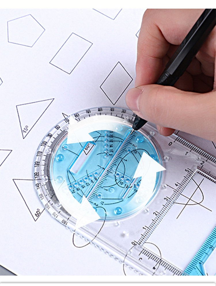 多功能绘图尺 学生可旋转数学尺子画圆模板尺 图形活动尺fgacct 小学