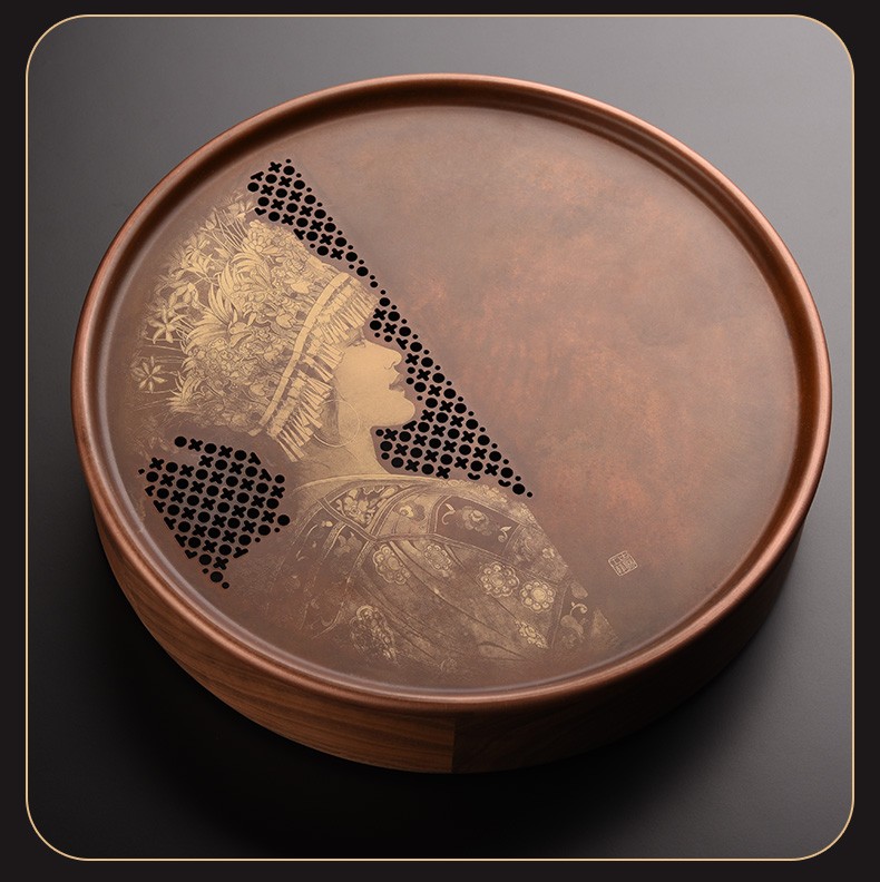凡越 圆形纯铜茶盘小型家用蓄水茶台储水式功夫茶具干泡台茶海托盘 茶