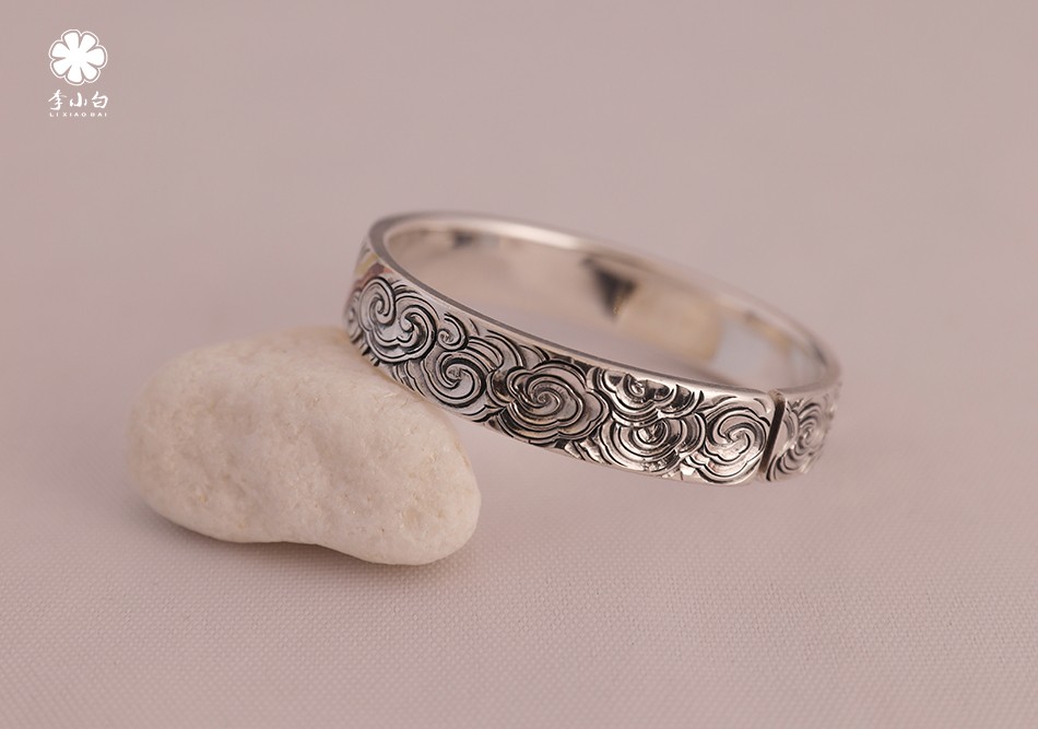 李小白 银手镯 9999银饰品 纯手工制作 刻花手镯 大师刻花手镯 65克