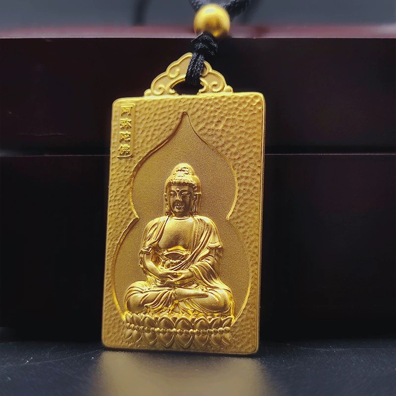 喜越珠宝阿弥陀佛菩萨足金999实心方牌黄金吊坠男方牌古法观音吊坠