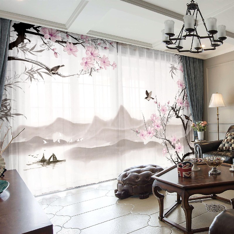 萱诗蔓(xursemon)新中式窗帘山水水墨画窗纱帘别墅客厅卧室阳台茶室