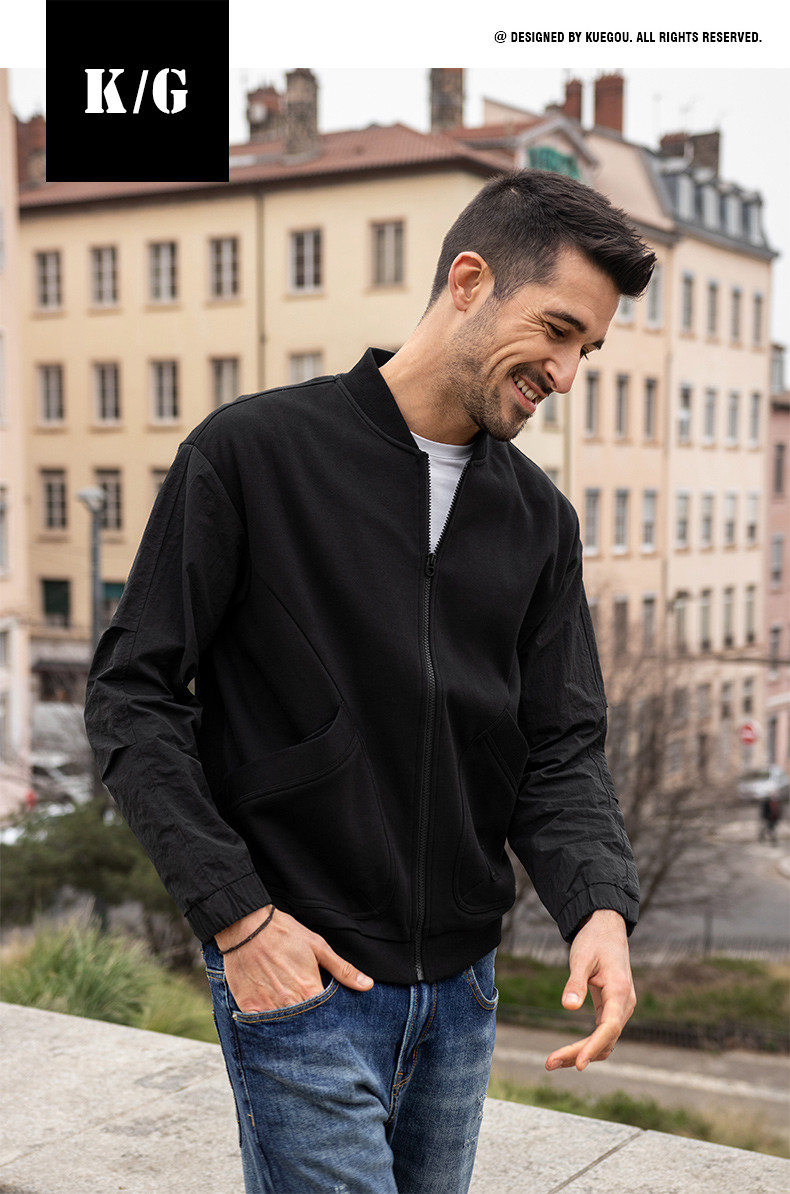 酷衣购 男士开衫卫衣 男秋季新款拼接宽松立领休闲运动外套潮8934