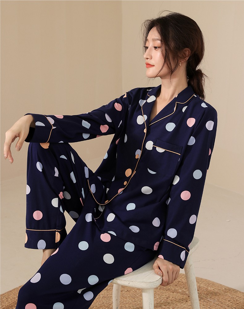 康妮雅睡衣女秋冬长袖棉质女士家居服翻领波点套装夜星蓝xl