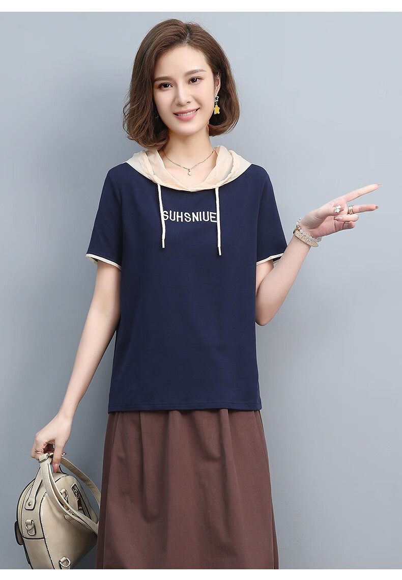 短袖女中年女连帽t恤新款夏装宽松薄款上衣4050岁女士时尚减龄拼接t恤