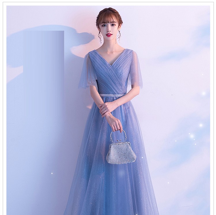 大合唱演出服女长裙蓝色合唱团礼服学生主持人朗诵服装气质长款 浅