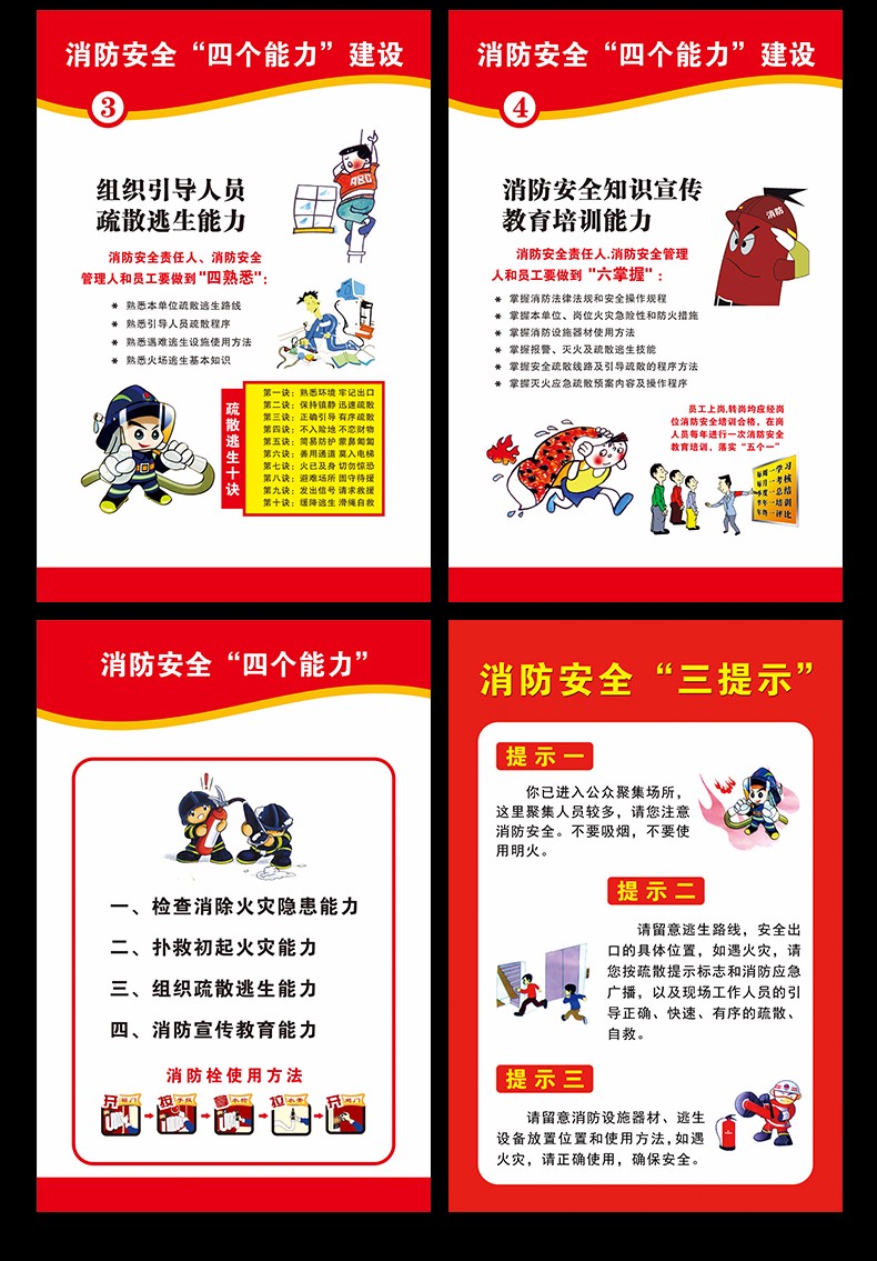 消防安全三提示四个能力消防检查四懂四会两书制度应急疏散预案kt板
