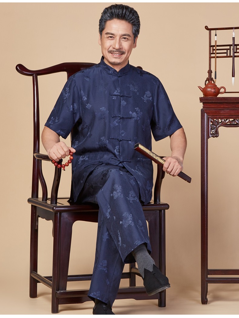 eopn品牌唐装男中国风爸爸装夏季休闲薄款真丝衬衫套装中老年人唐装