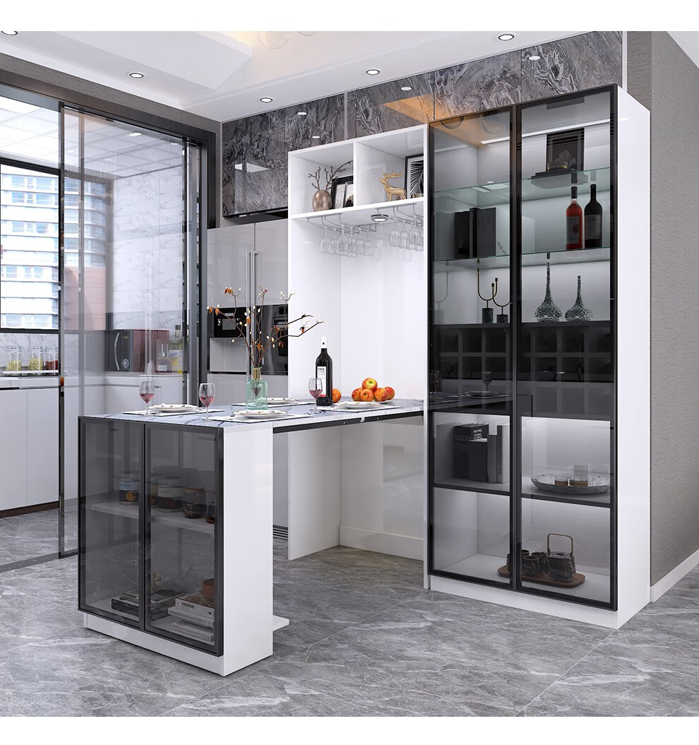 简约红酒柜一体靠墙家用客厅储物柜可折叠餐边柜 80长黑柜 茶色玻璃门