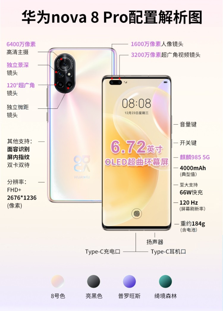 华为nova8pro 5g手机【支持升级鸿蒙harmonyos】麒麟985,,vlog视频 亮