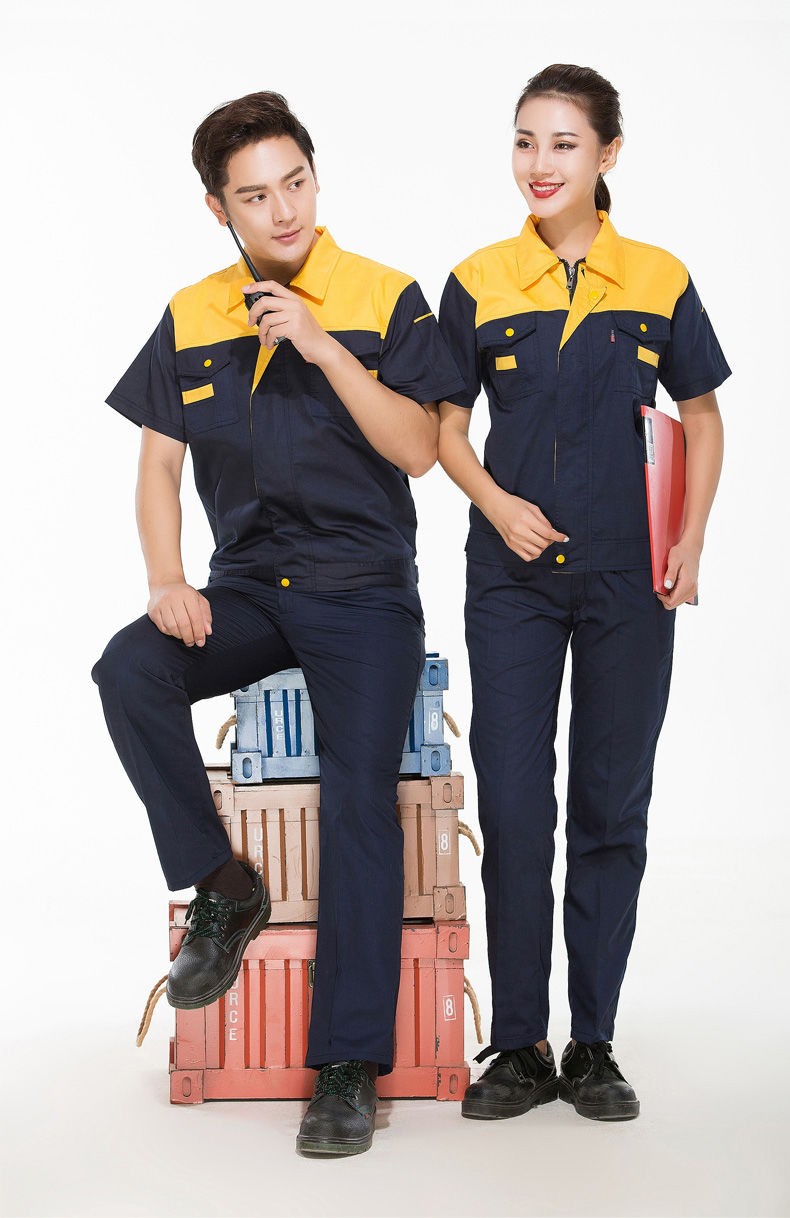 丫击击短袖工作服男夏季耐磨透气车间汽修工作服半袖上衣劳保服下黄上