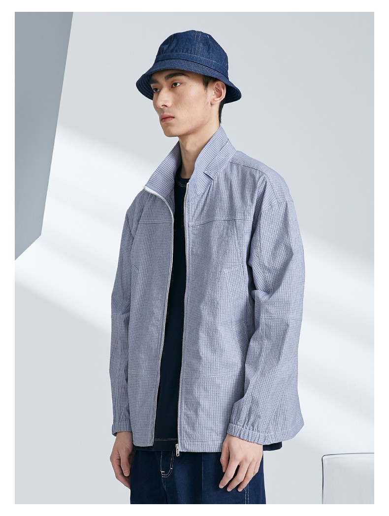 朴术男装立领休闲夹克春秋季薄款潮流拉链上衣简约宽松细密格纹短外套