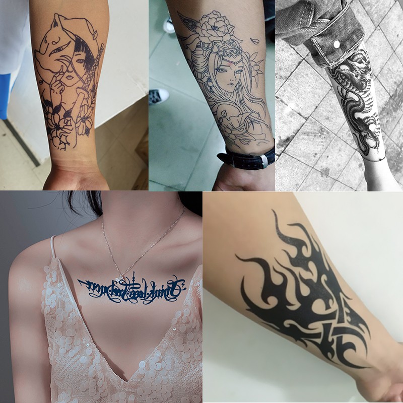 半臂纹身贴半永久洗不掉草本果汁防水逼真花臂小腿社会男女暗黑系不