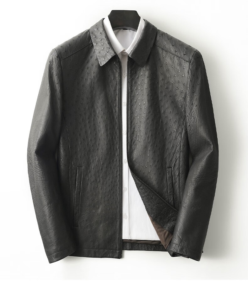 凯撒进口南非鸵鸟皮真皮皮衣男短款皮夹克皮外套商务休闲中年翻领拉链