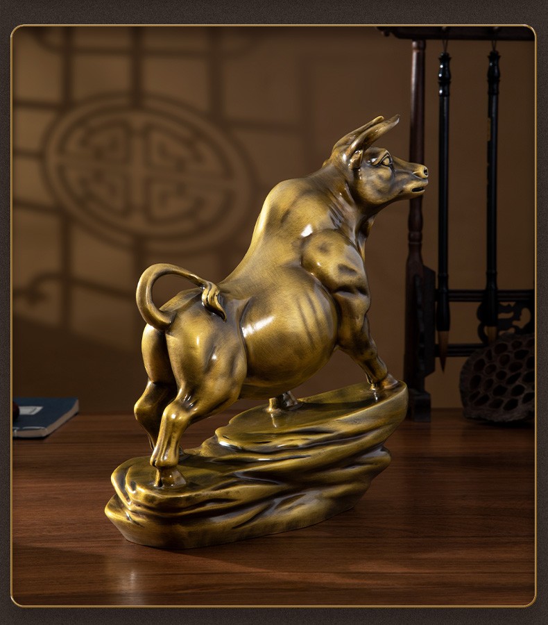 慕芳阁纯铜牛摆件牛气冲天股市牛工艺品客厅办公室桌面装饰品公司店铺