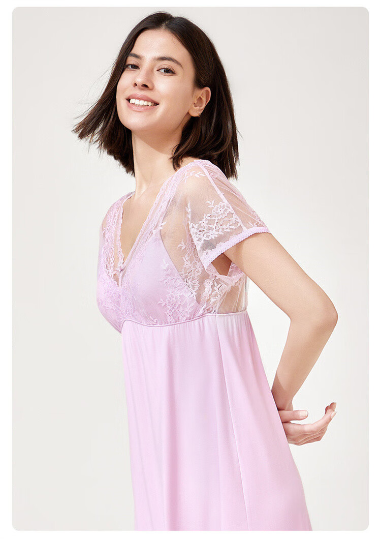 曼妮芬女士家居服v领含杯垫短袖睡裙舒适性感蕾丝起居服20310708090