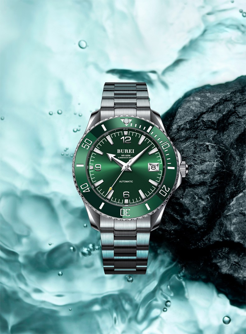 burei宝梭瑞士手表男士机械手表防水夜光日历时尚商务男腕表 本色绿面