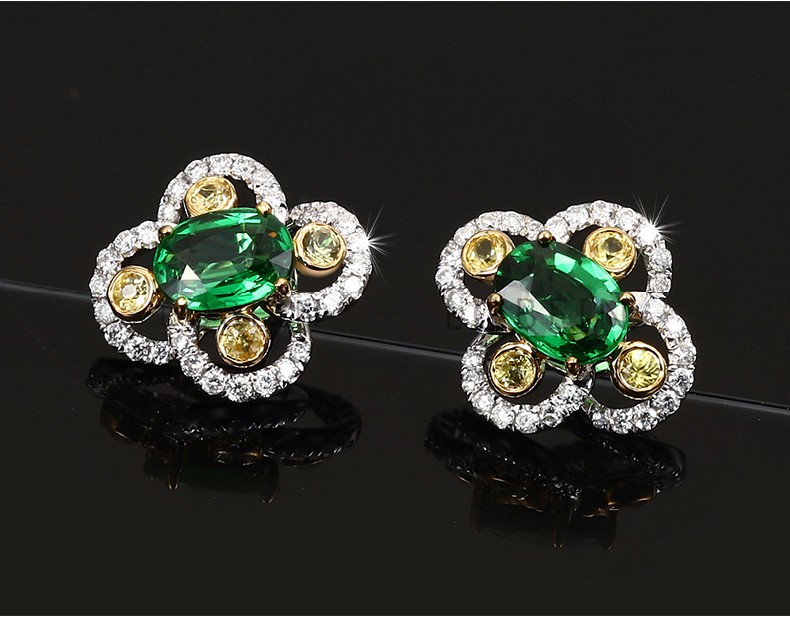 洛贝琳086克拉天然沙弗莱耳钉女18k金彩色宝石钻石耳饰定制086克拉沙