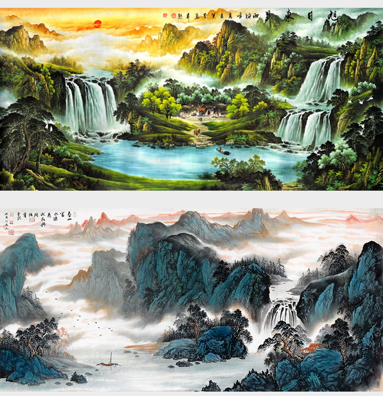 广进壁画转运风水招财挂画迎客松小六尺实木外框有机玻璃21783cm幅