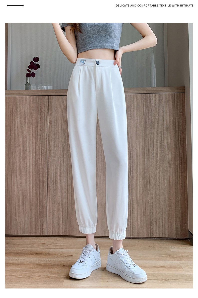 丹贝迪特冰丝白色西装裤女夏季薄款高腰宽松束脚运动休闲雪纺哈伦灯笼