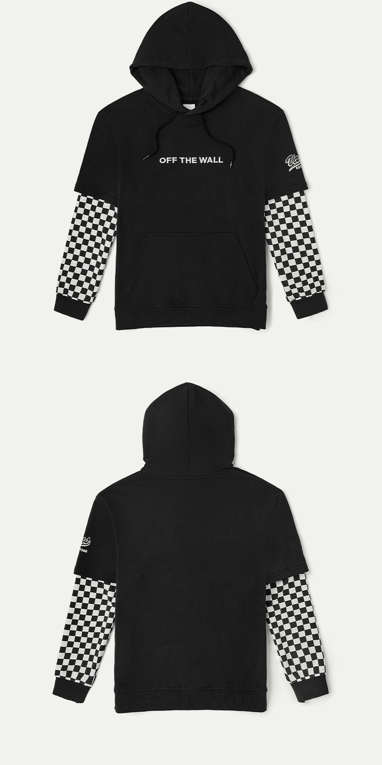 vans范斯官方黑色假两件棋盘格logo女子连帽卫衣黑色xxxl