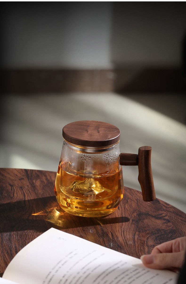 高茗玻璃办公杯茶水分离男士个人专用茶道杯带把观山水杯泡茶过滤杯子