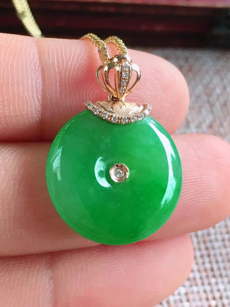 慈心缘 冰绿平安扣吊坠 冰种翡翠18k金镶钻缅甸天然a货玉石珠宝尺寸