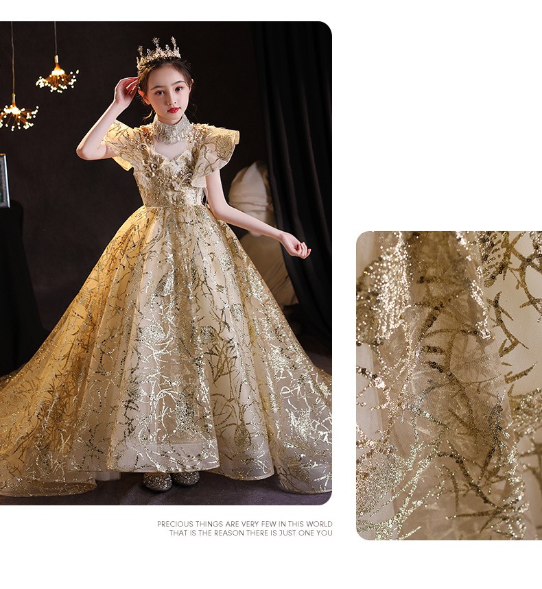 儿童拖尾晚礼服公主裙蓬蓬纱花童婚礼洋气走秀女童钢琴演出服夏季 长