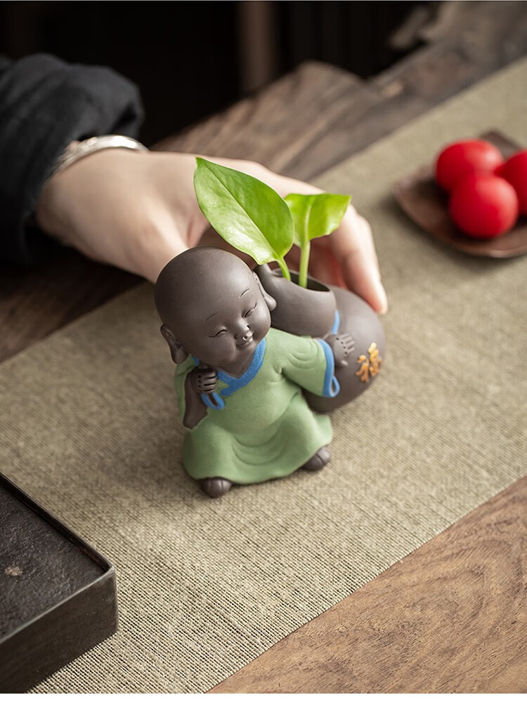 十方清梵 创意紫砂五福小和尚家居客厅水培小花瓶装饰摆件书房办公桌