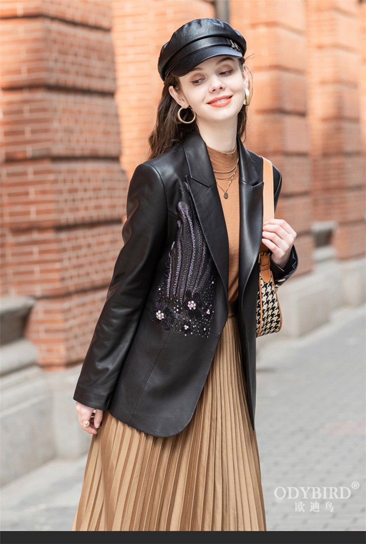 欧迪鸟odybird品牌女装真皮皮衣女2021秋季新款绵羊皮时尚绣花常规款