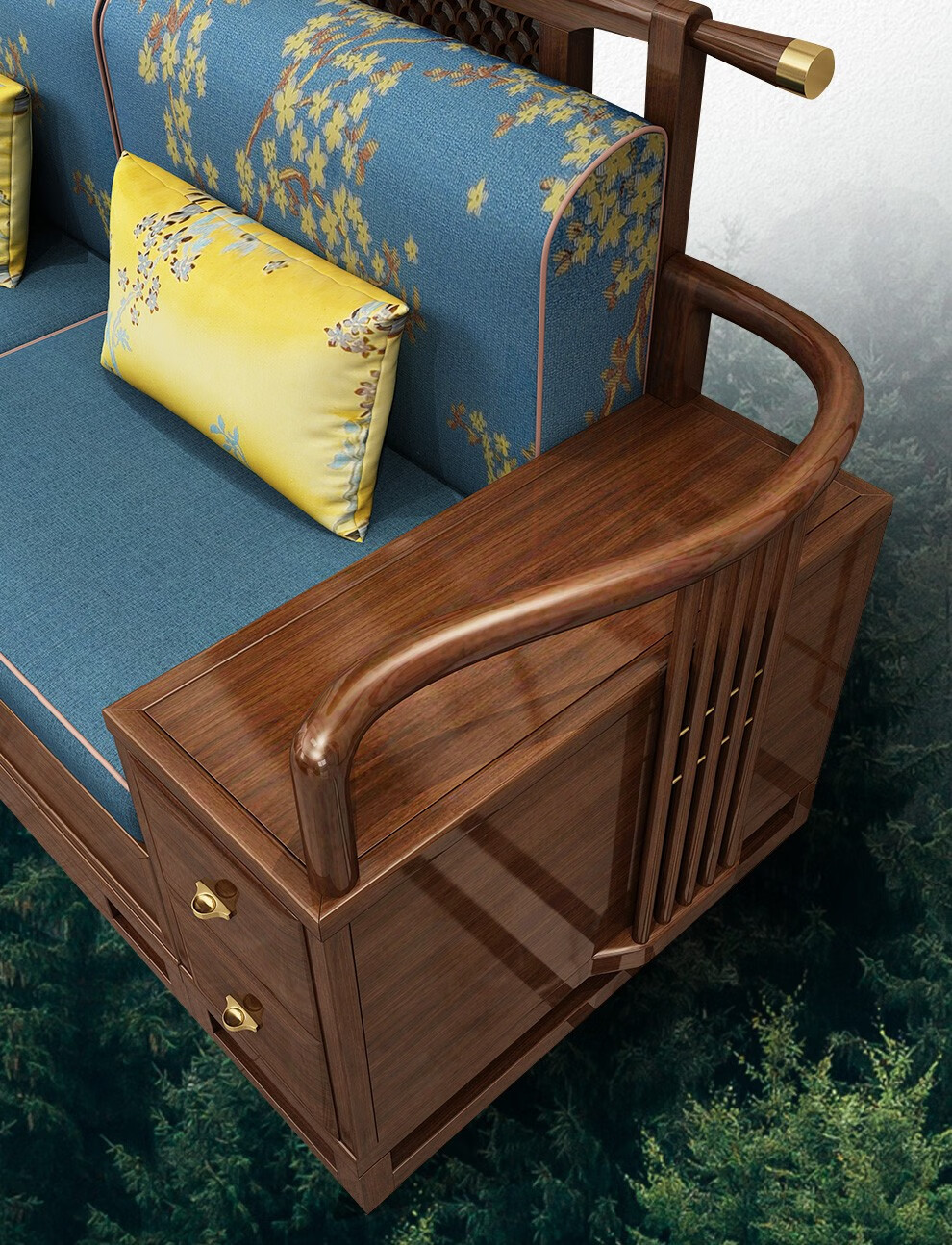 黄金檀木冬夏两用高箱储物中国风禅意轻奢家具黄金檀木123沙发方茶几