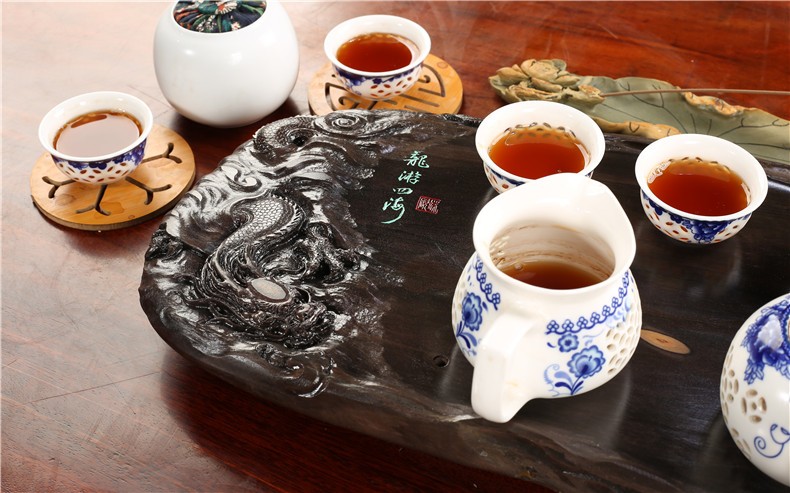 玺翰雅端砚茶盘茶海石头茶台天然梅花坑手工雕刻排水茶盘珍贵天然石眼