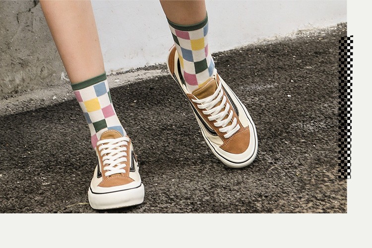 vansvans范斯官方 米白色彩色棋盘格女子长袜滑板初学者 米白色/粉色