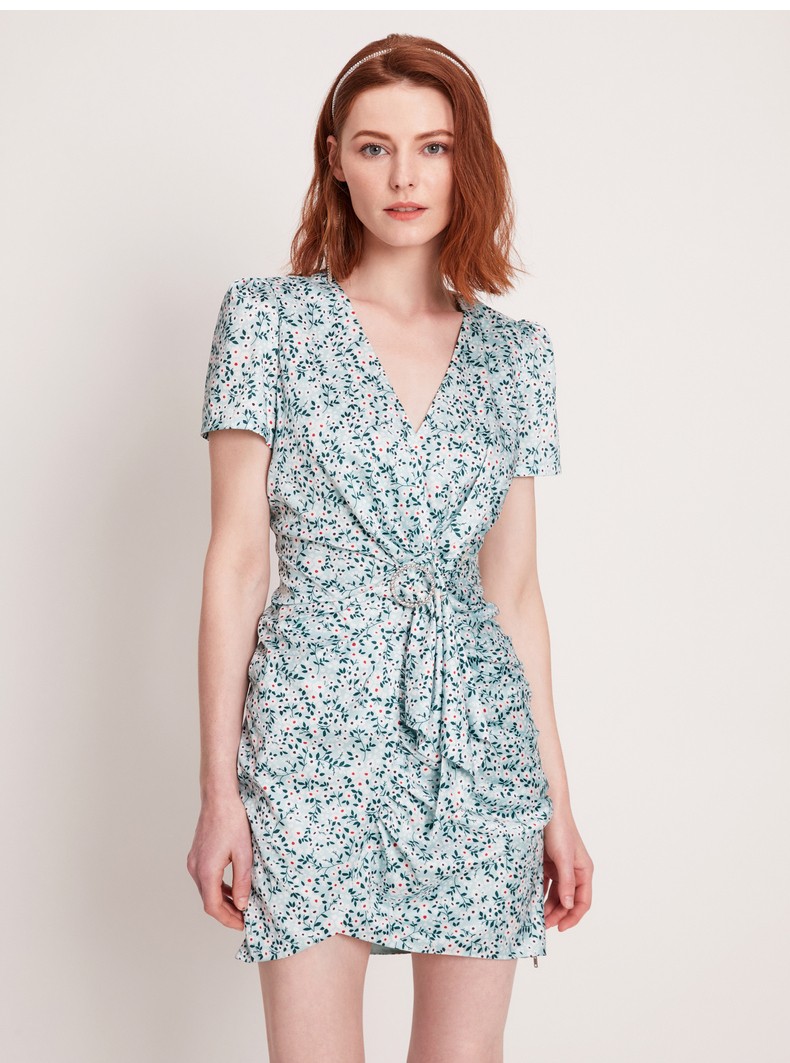 bebe夏季女士绿色雏菊印花修身连衣裙时尚抽褶裙子250033绿色s