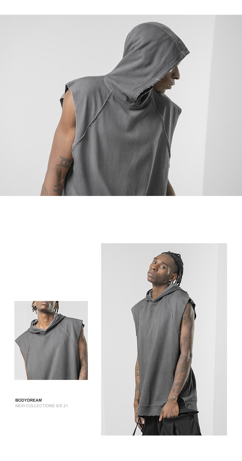 bodydream新款无袖帽衫男个性时尚百搭复古炒色宽松休闲针织背心灰色