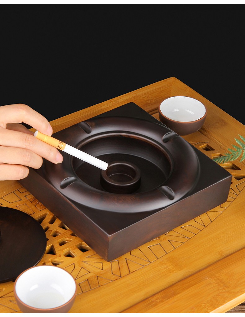 木丁丁黑檀木实木烟灰缸带槽带盖防飞灰办公室家用书房中式桌面装饰送