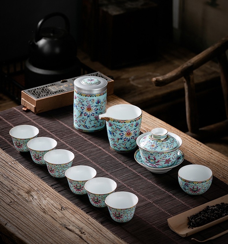 一米丫丫丫景德镇金丝珐琅彩茶具套装中式家用陶瓷盖碗泡茶壶品茗茶杯