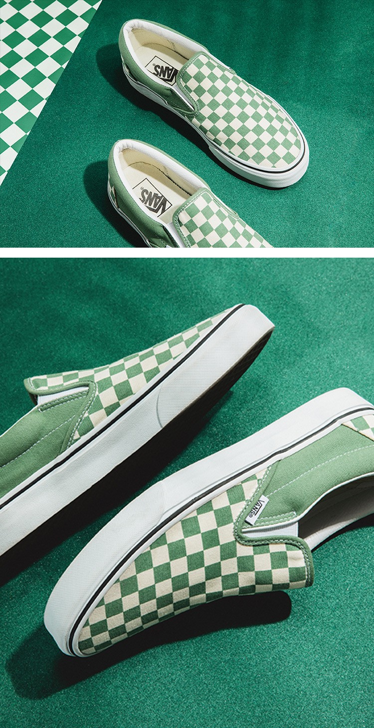 vans范斯官方 绿白棋盘格牛油果绿男鞋女鞋slip-on低帮帆布鞋 绿白
