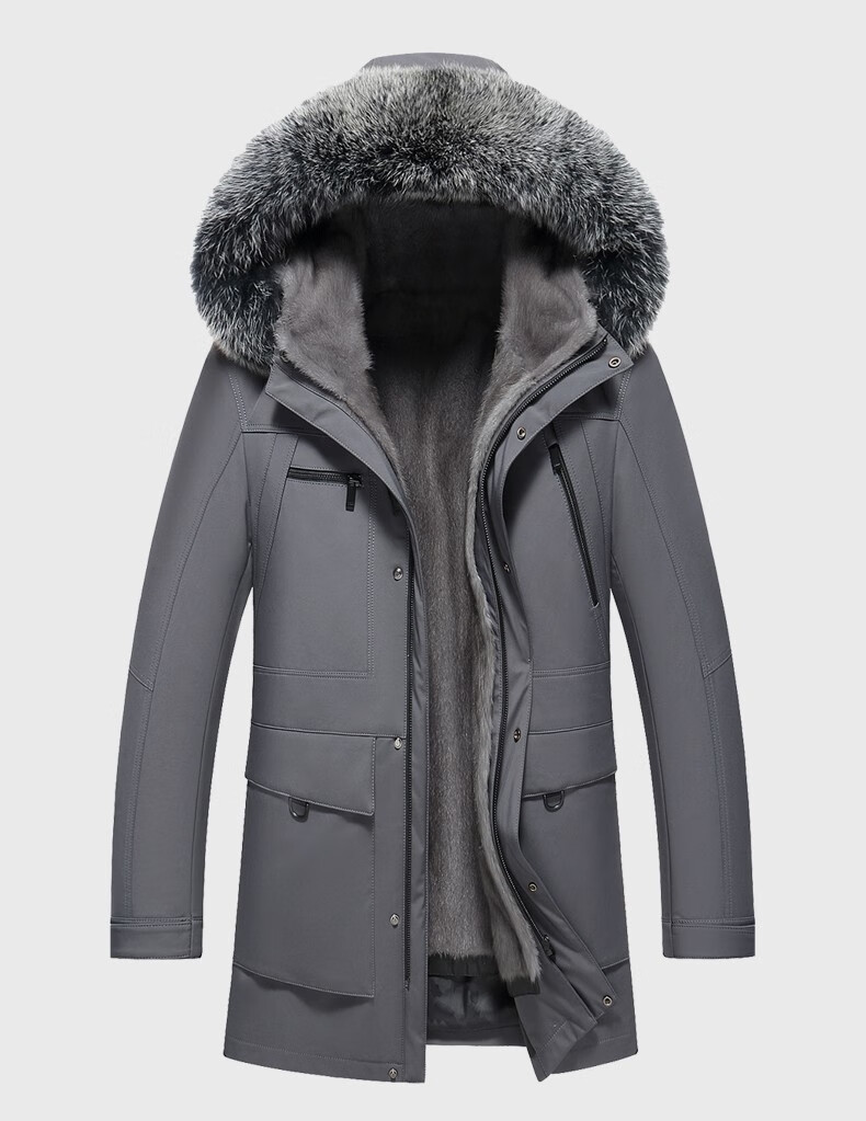 尼克服连帽长款大衣灰貂整貂进口貂皮大衣男装商务派克服冬商场同款