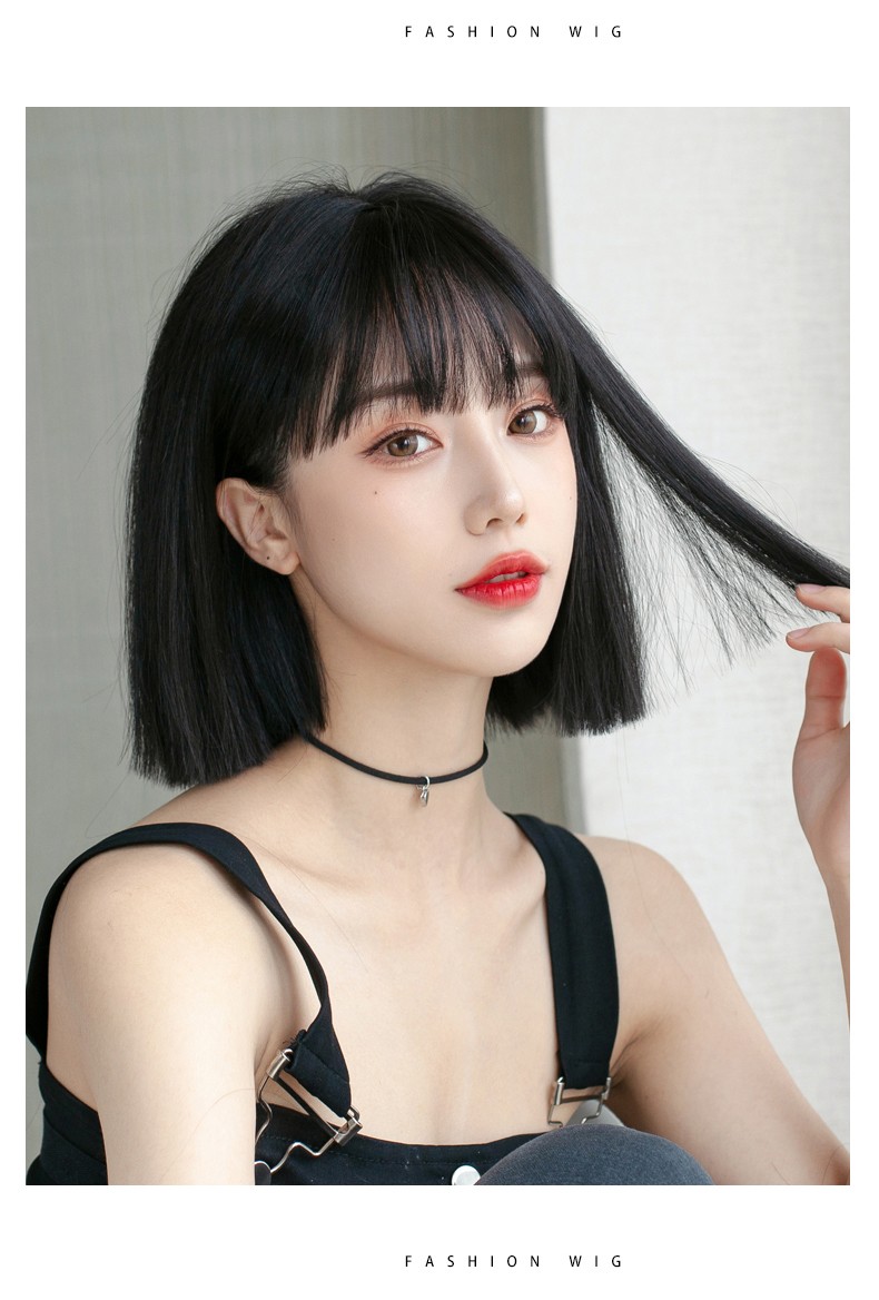 actualself假发女夏漫画刘海短发时尚波波头女士发型黑色短直发全头套