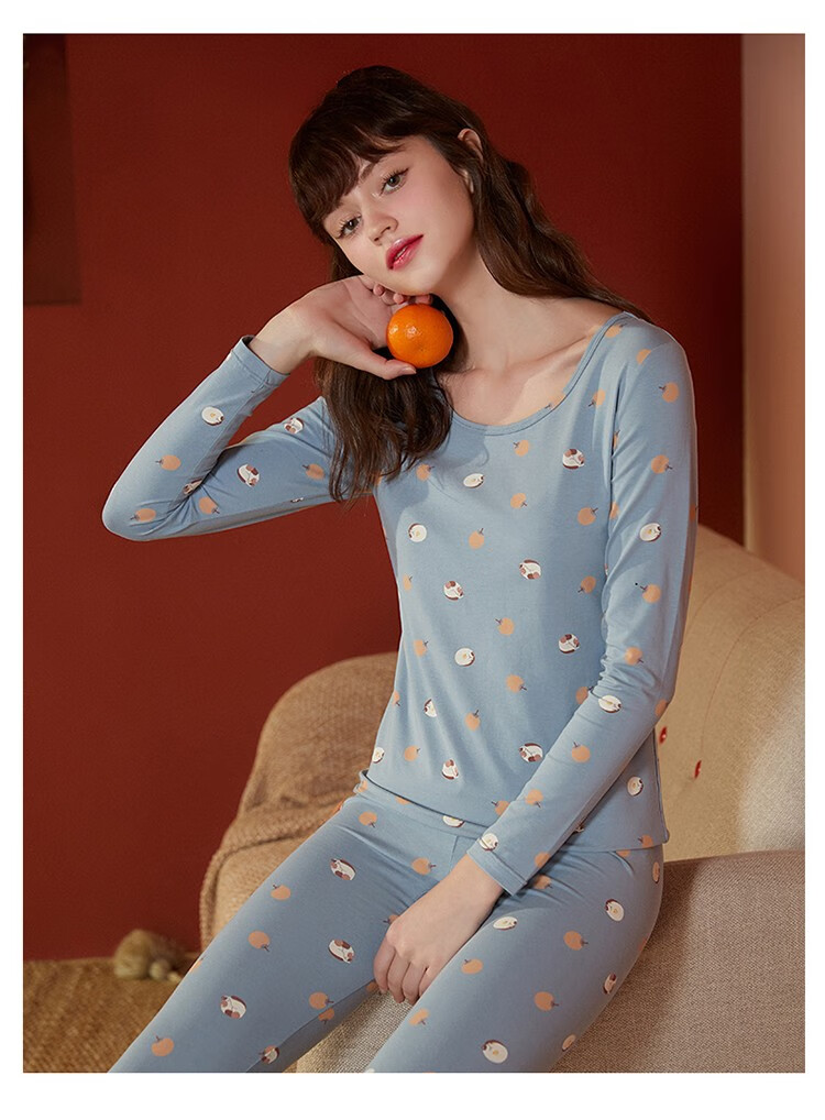 安之伴保暖内衣套装晚秋女士秋衣秋裤圆领无痕打底衫 牛仔兰 xl【图片