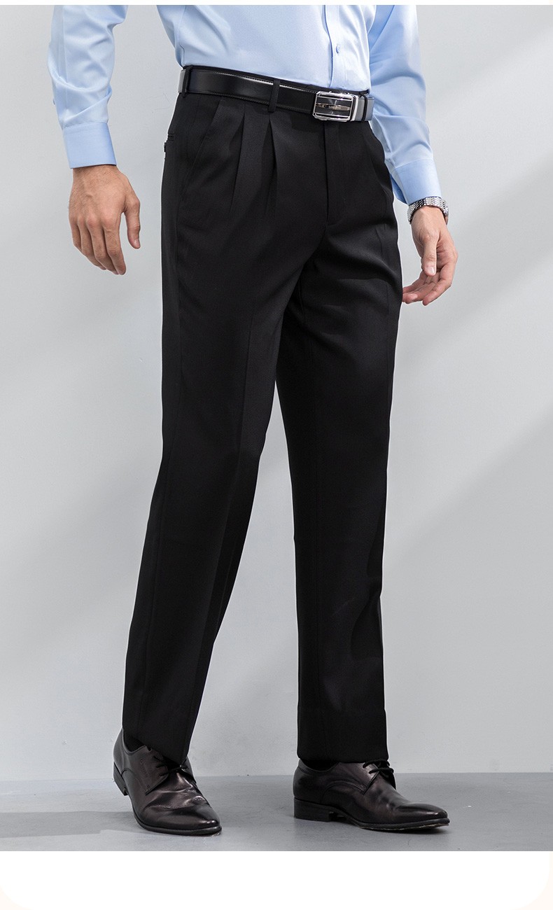 浪登春季商务西裤男中年黑色双褶西服裤子宽松直筒正装裤男士西装裤深