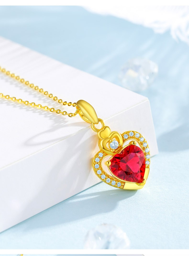 玉等我999足金爱心金吊坠颈链红宝石黄金项链妈妈款送女生礼物足金999